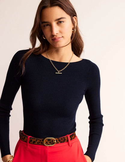 Cotton Rib Boat Neck Sweater-Navy