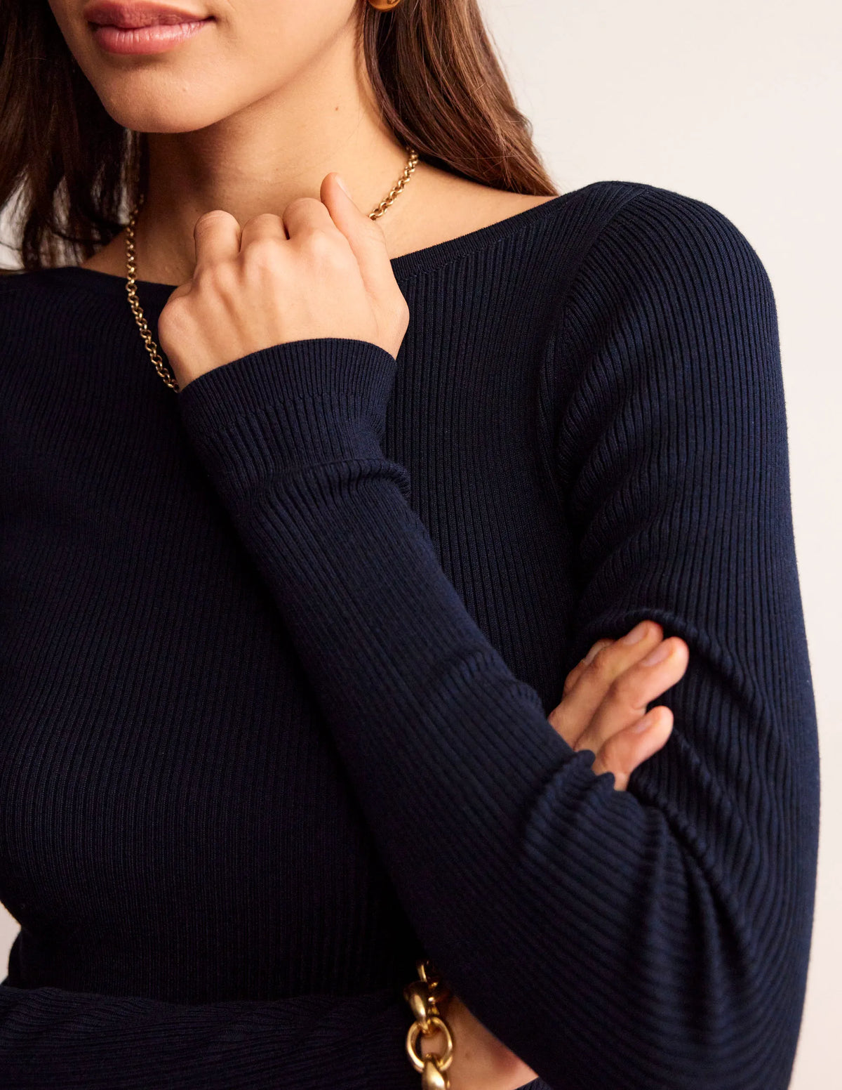 Cotton Rib Boat Neck Sweater-Navy