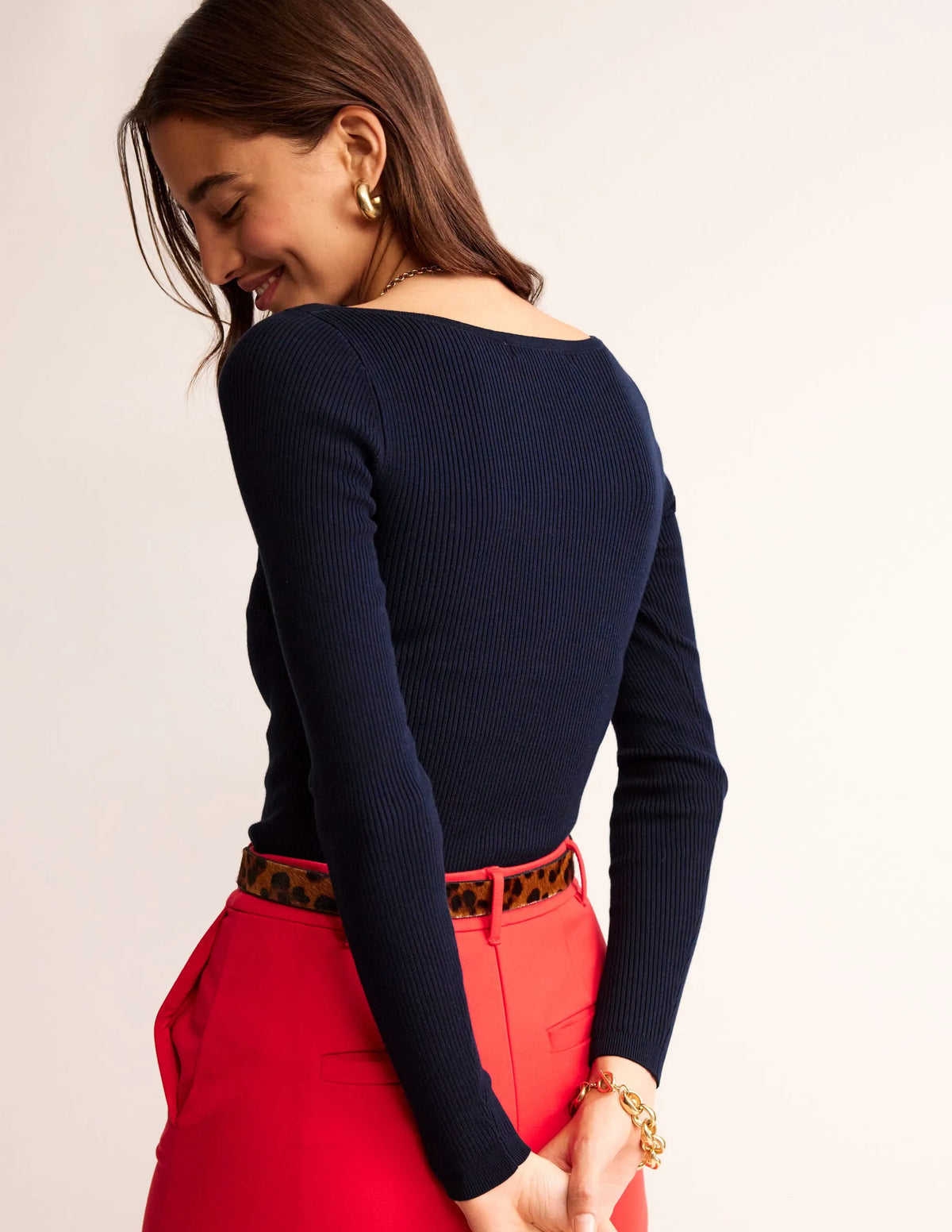 Cotton Rib Boat Neck Sweater-Navy