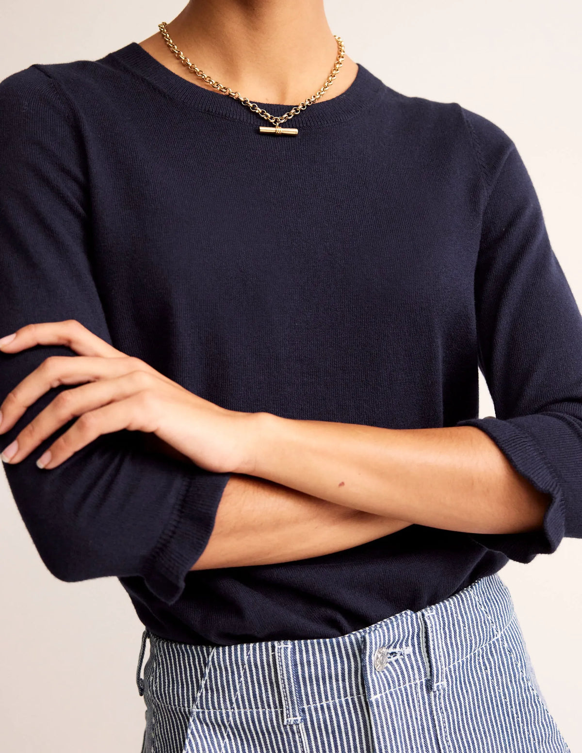 Cotton Merino Frill Sweater-Navy