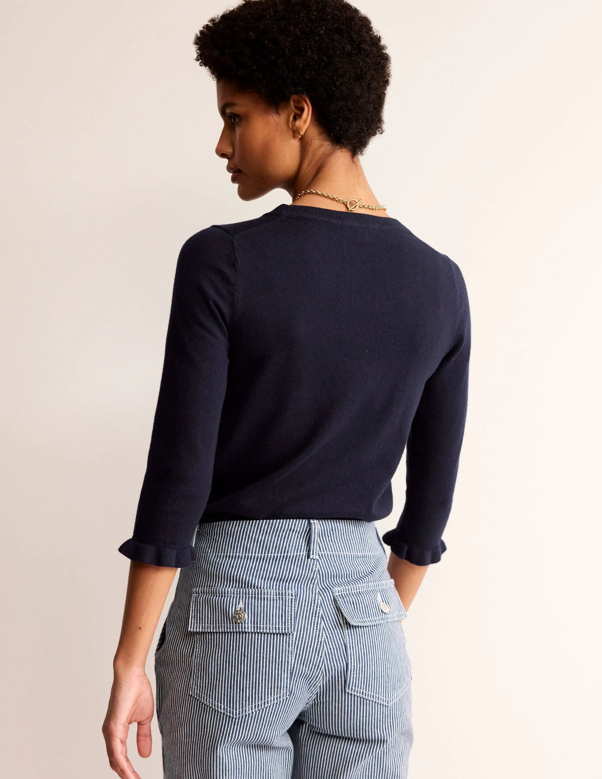 Cotton Merino Frill Sweater-Navy