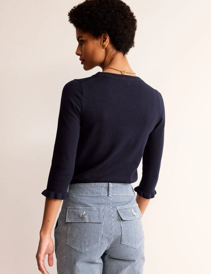 Cotton Merino Frill Sweater-Navy