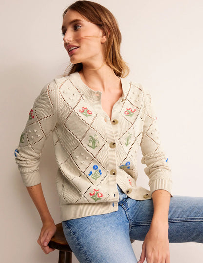 Cotton Embroidered Cardigan-Warm Ivory