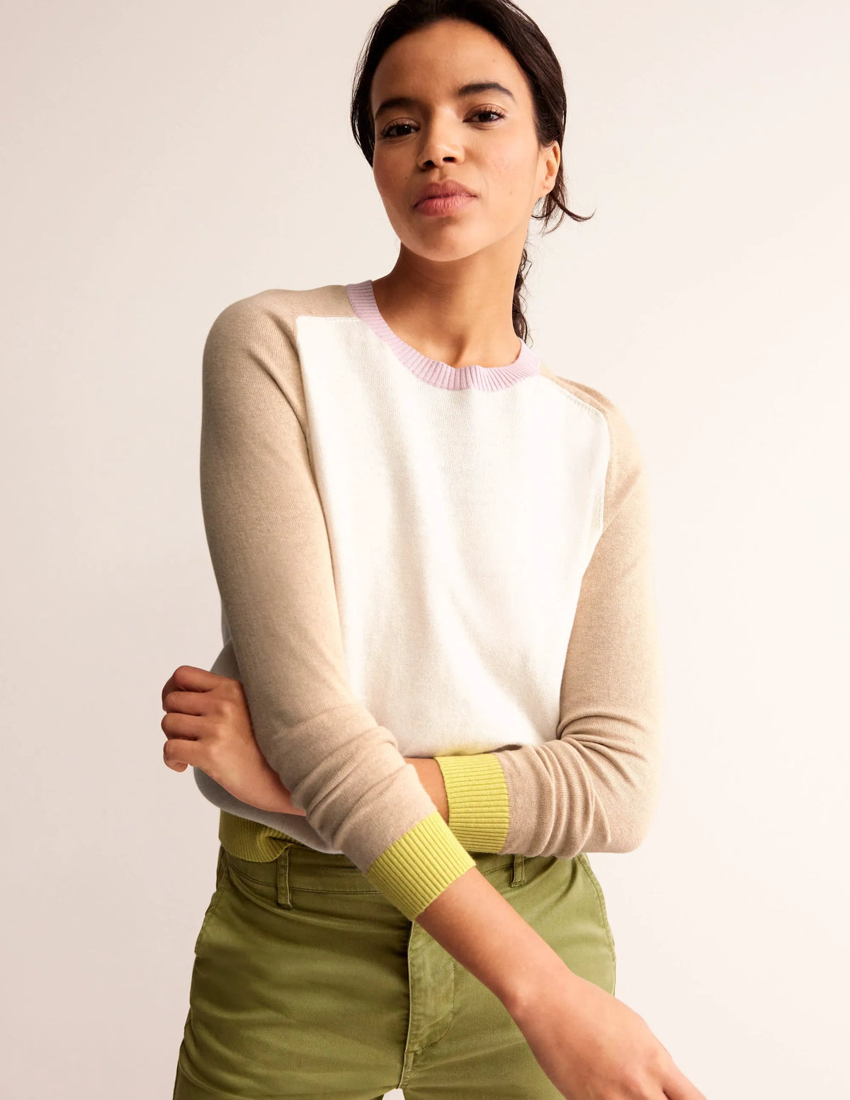 Meg Raglan Sleeve Sweater-Ivory, Chinchilla Colourblock