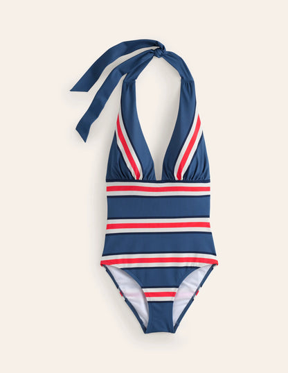 Merano Deep V-neck Swimsuit-Blue Jay, Poppy Red Stripe