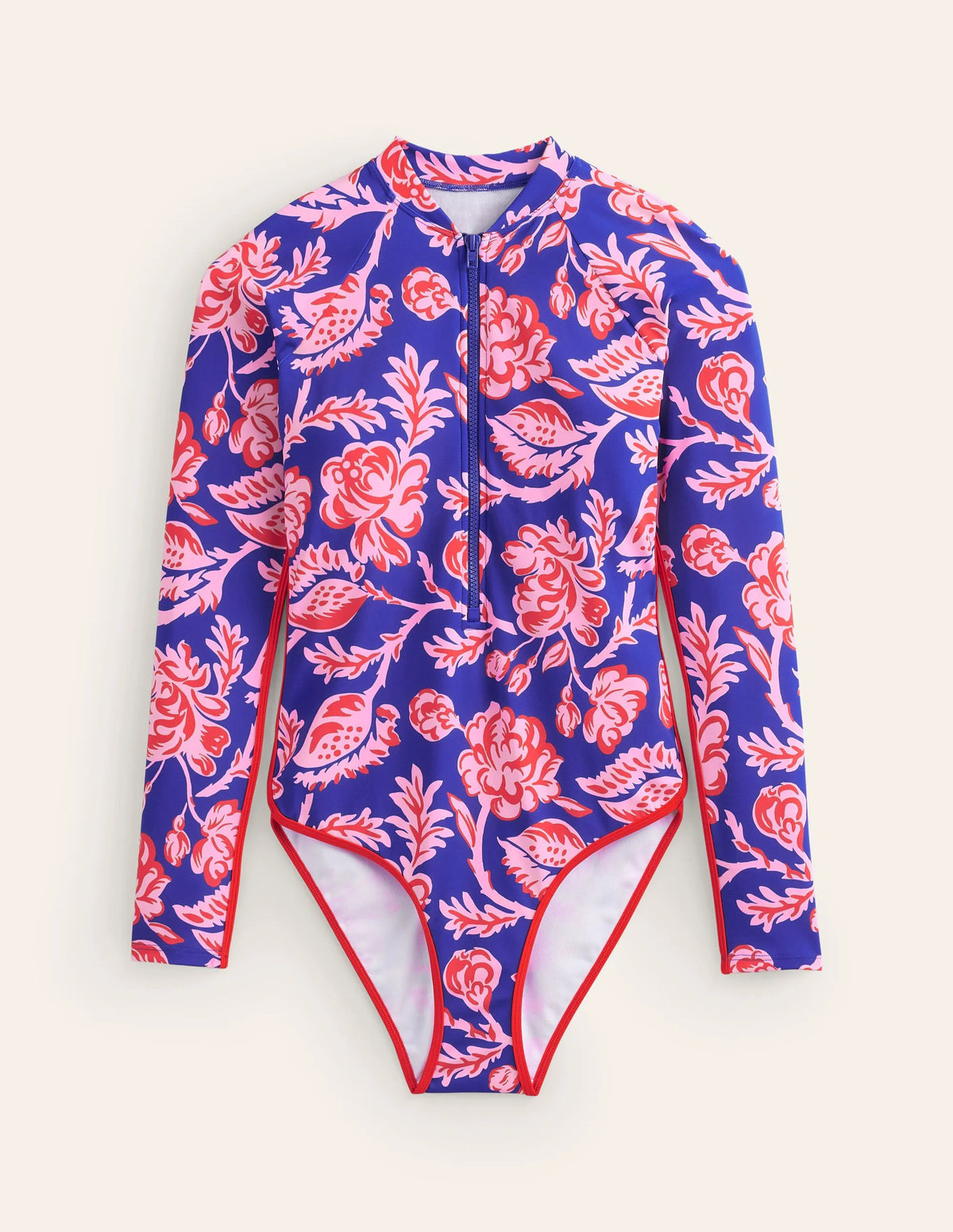 Piped Raglan Sleeve Swimsuit-Surf The Web Blue, Rose Blush