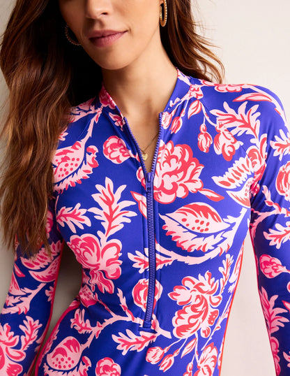 Piped Raglan Sleeve Swimsuit-Surf The Web Blue, Rose Blush