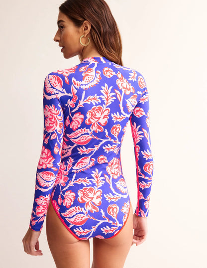 Piped Raglan Sleeve Swimsuit-Surf The Web Blue, Rose Blush