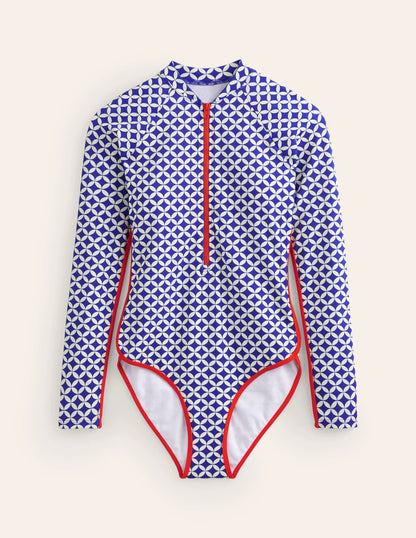 Piped Raglan Sleeve Swimsuit-Surf The Web, Diamond Terrace