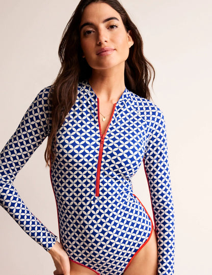 Piped Raglan Sleeve Swimsuit-Surf The Web, Diamond Terrace