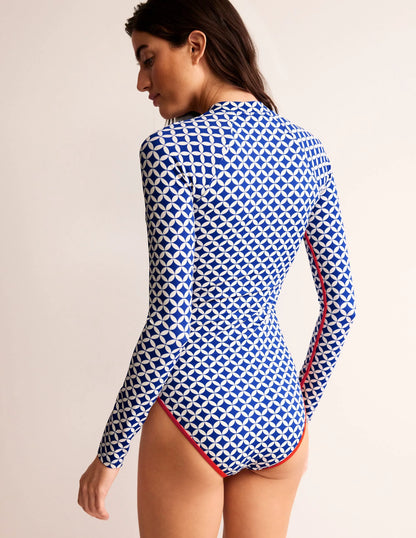 Piped Raglan Sleeve Swimsuit-Surf The Web, Diamond Terrace