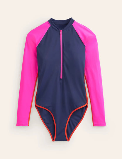 Piped Raglan Sleeve Swimsuit-Navy/ Super Pink Colourblock