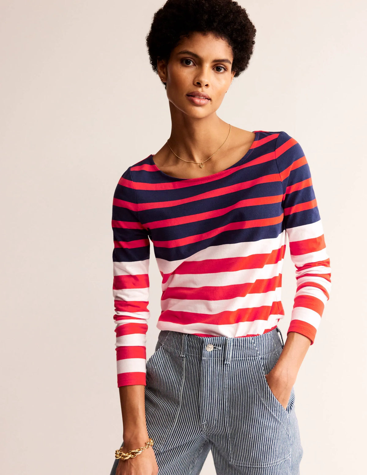 Ella Long Sleeve Breton-Ivory, Navy Red