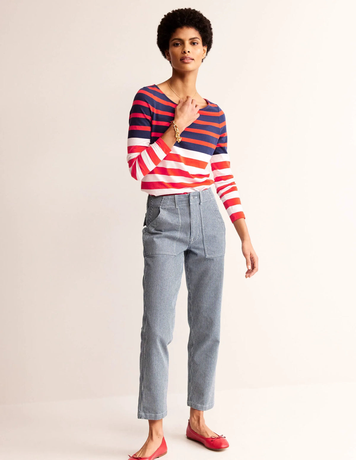 Ella Long Sleeve Breton-Ivory, Navy Red