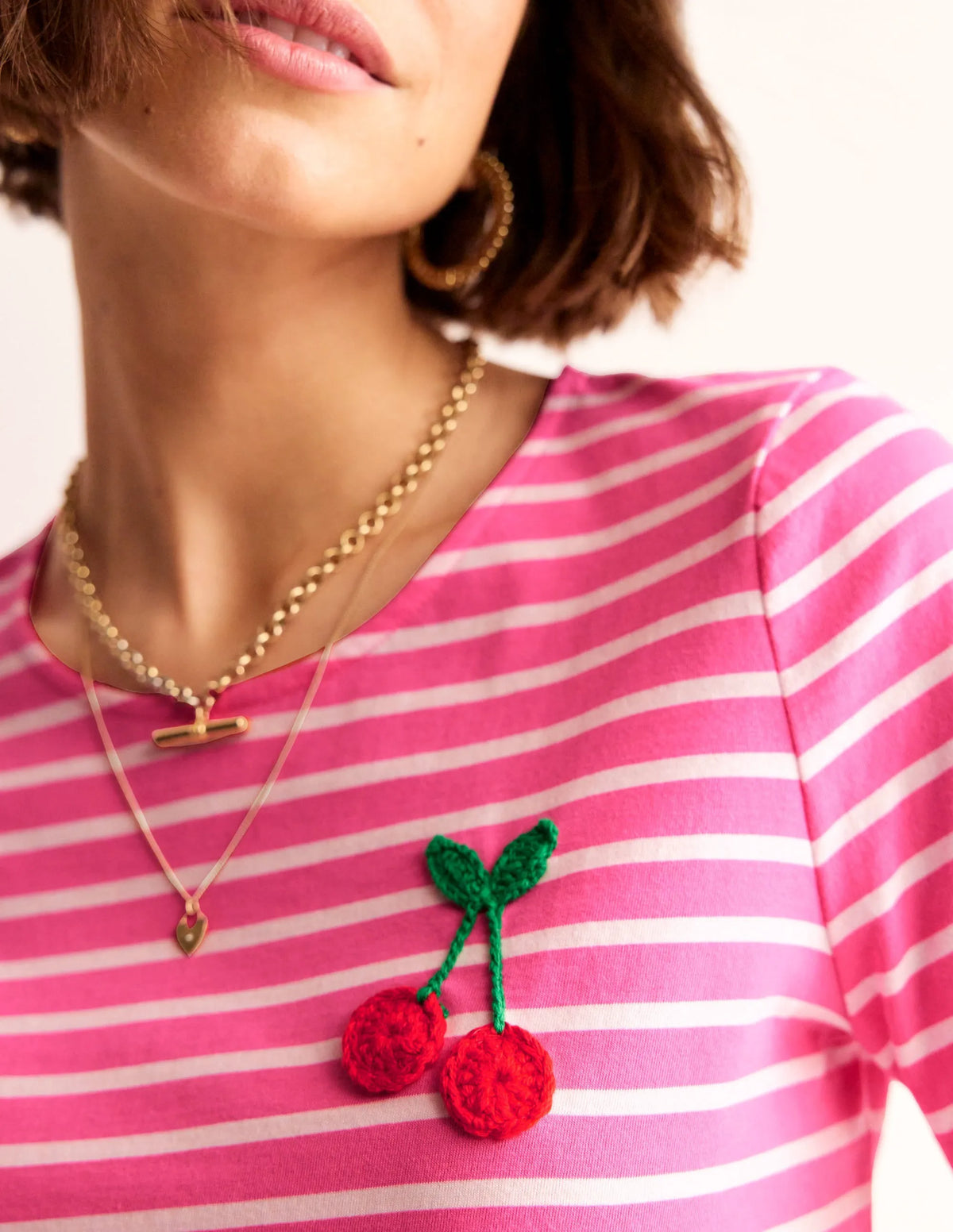 Crochet T-shirt-Pink, Ivory Cherries