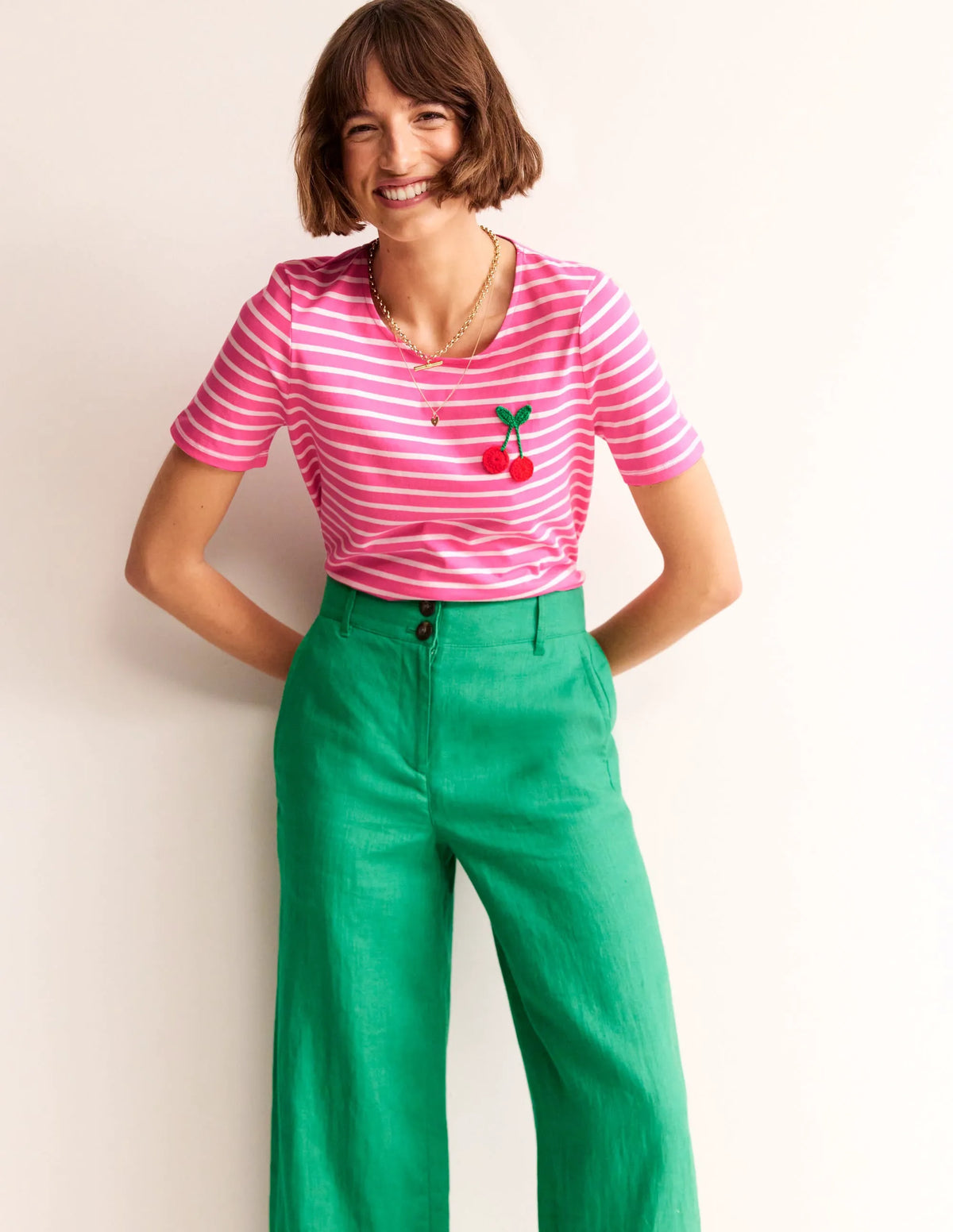 Crochet T-shirt-Pink, Ivory Cherries