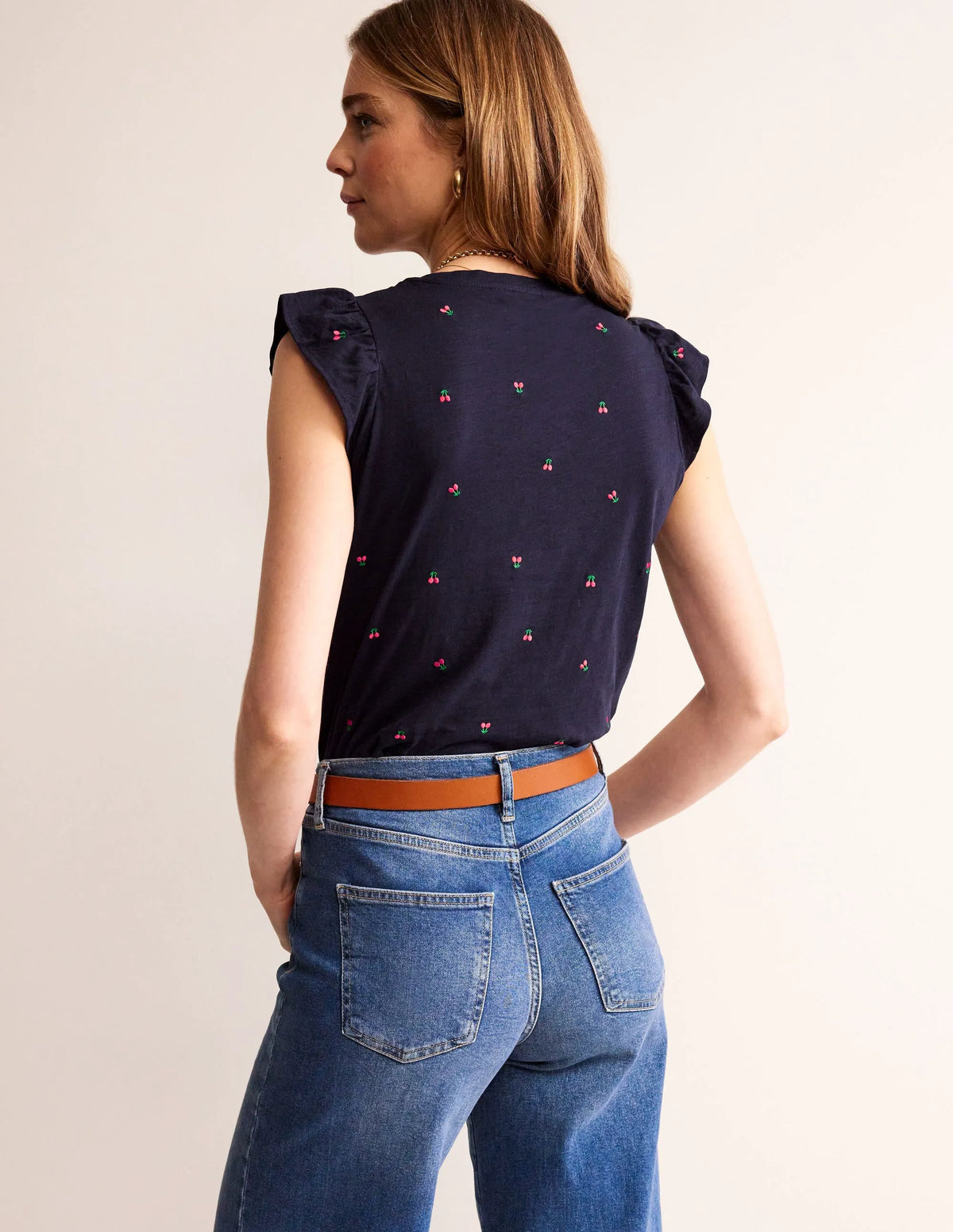 Dora Flutter Sleeve Top-Navy, Cherries