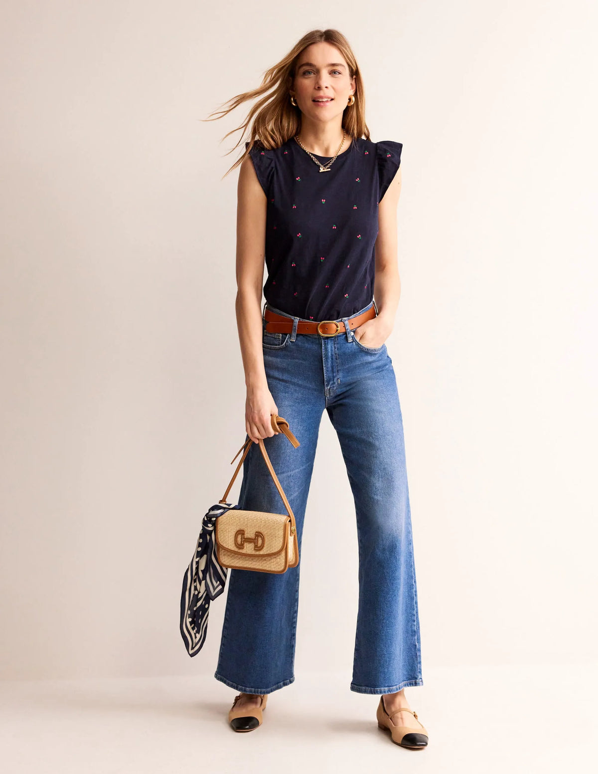 Dora Flutter Sleeve Top-Navy, Cherries