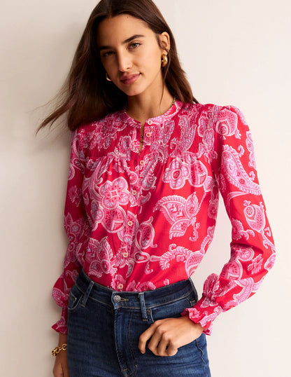 Helena Cotton Blouse-Flame Scarlet, Cascade Paisley