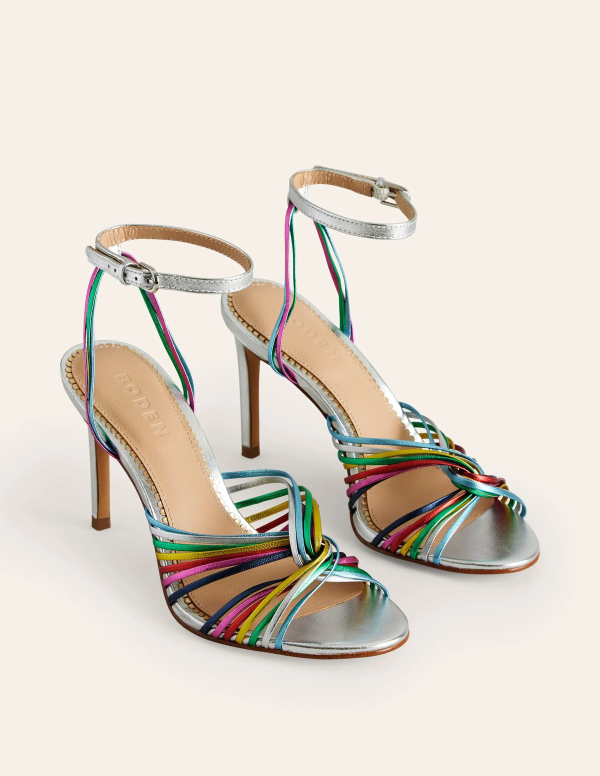 Twist Front Heeled Sandals-Multi Metallic Leather