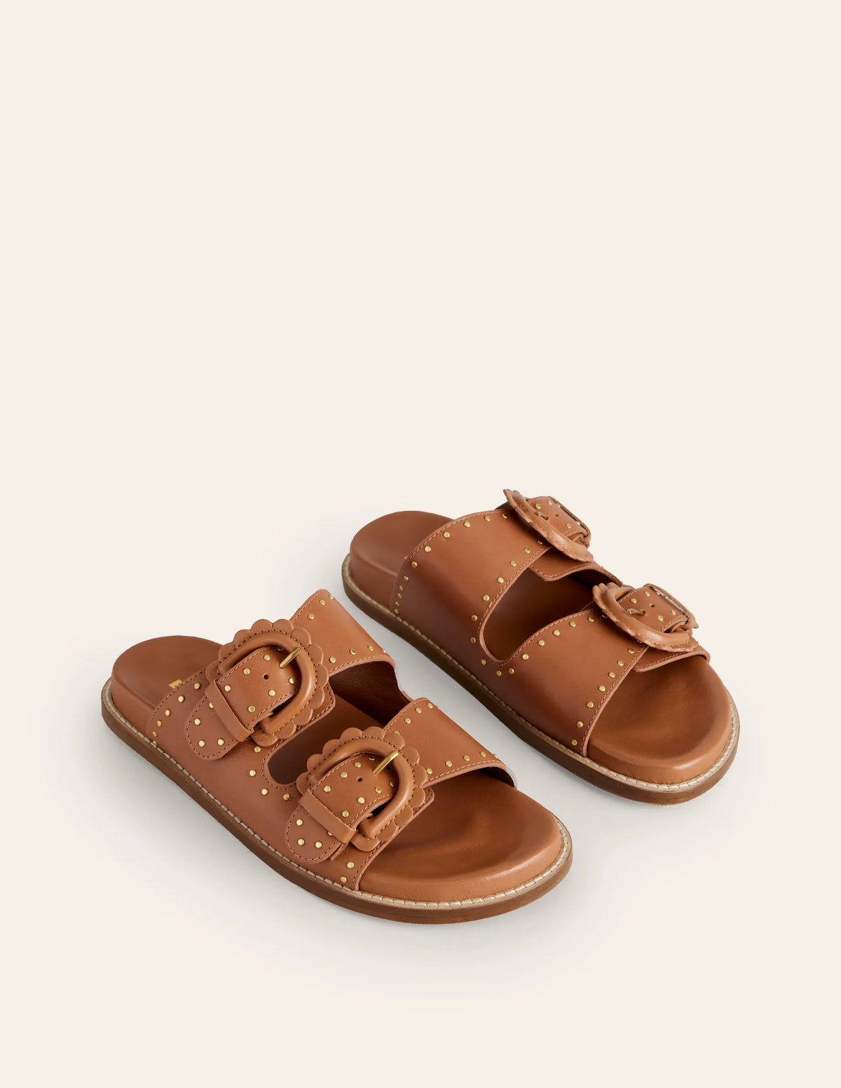 Double Buckle Sliders-Tan Stud