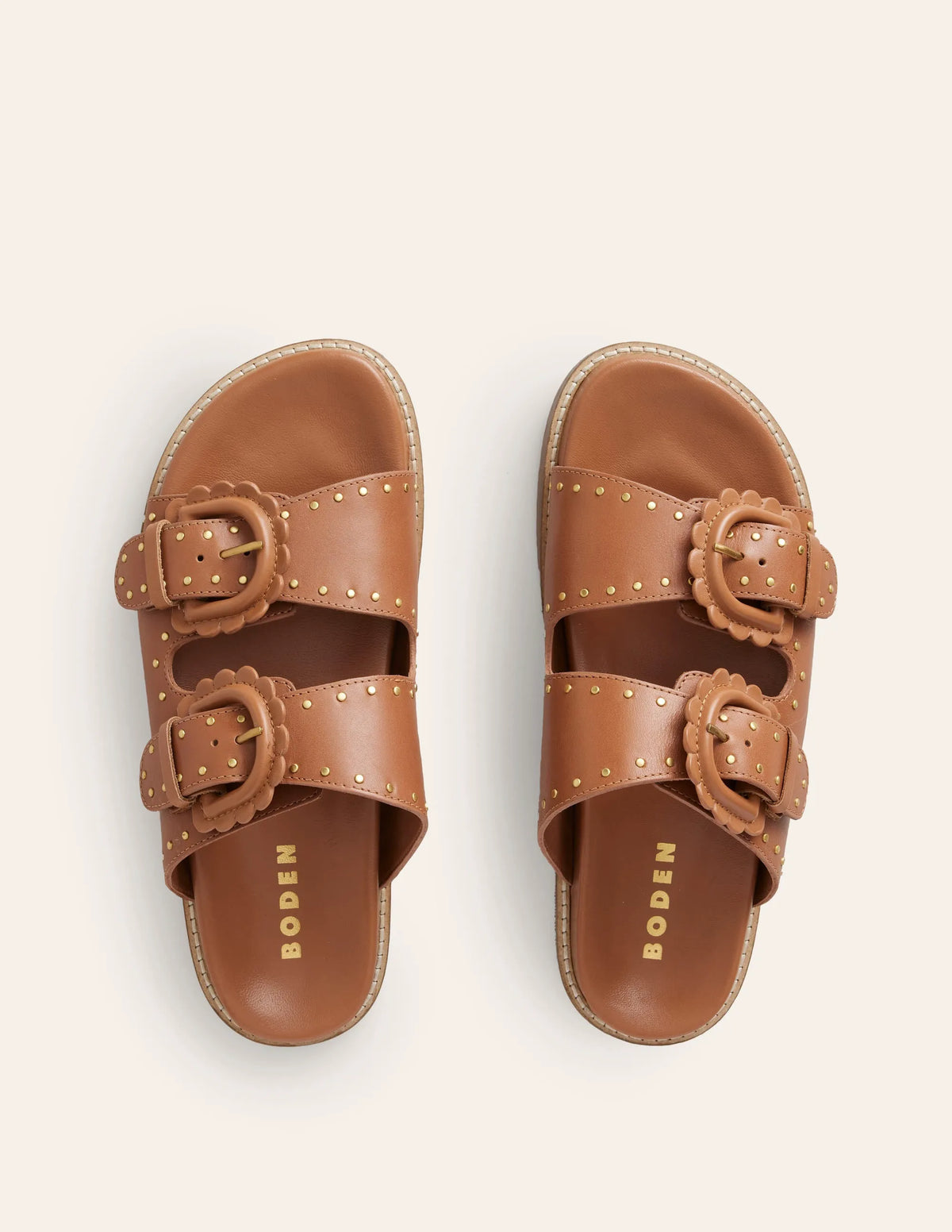 Double Buckle Sliders-Tan Stud