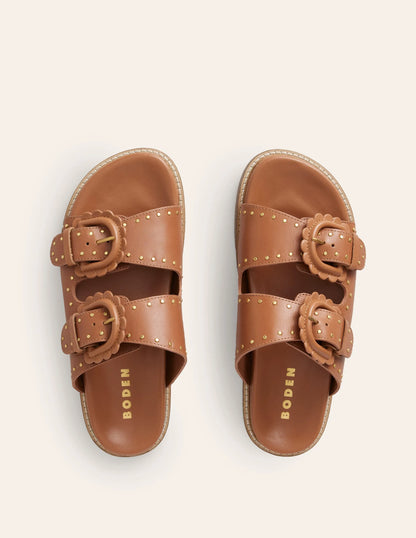 Double Buckle Sliders-Tan Stud