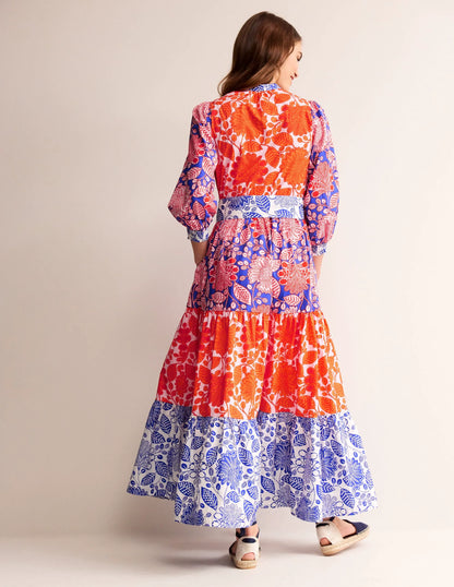 Alba Tiered Cotton Maxi Dress-Firecracker, Gardenia Swirl