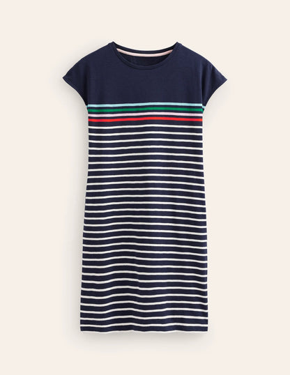 Leah Jersey T-shirt Dress-Navy, Ivory Multistripe
