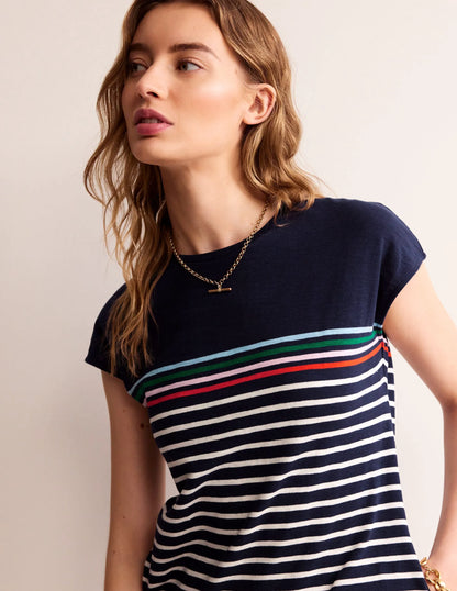 Leah Jersey T-shirt Dress-Navy, Ivory Multistripe