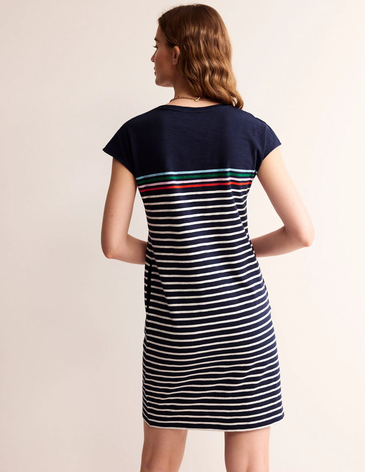 Leah Jersey T-shirt Dress-Navy, Ivory Multistripe
