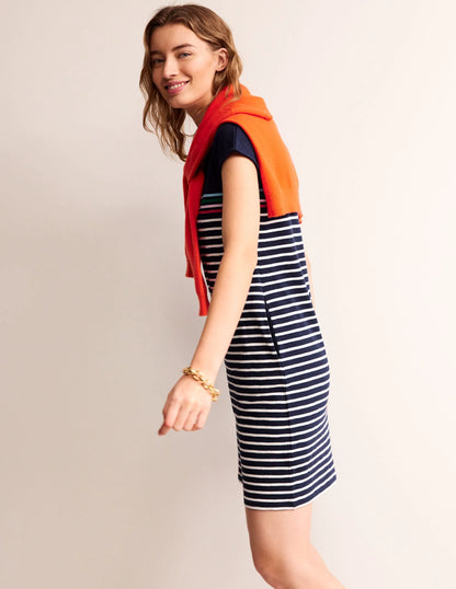 Leah Jersey T-shirt Dress-Navy, Ivory Multistripe