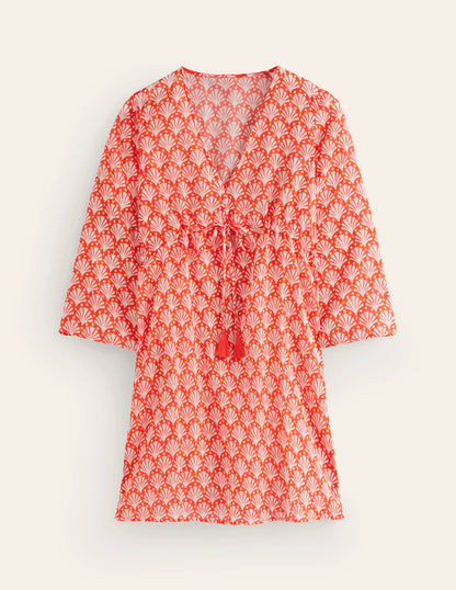 Cotton Beach Short Kaftan-Mandarin Orange, Shells