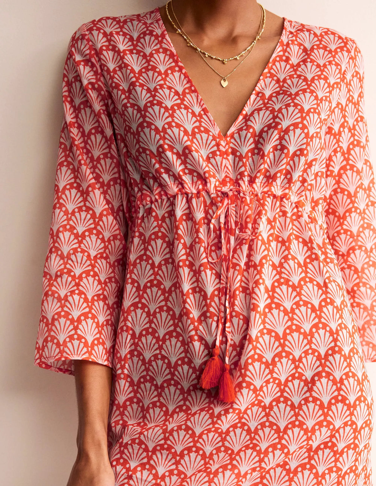 Cotton Beach Short Kaftan-Mandarin Orange, Shells