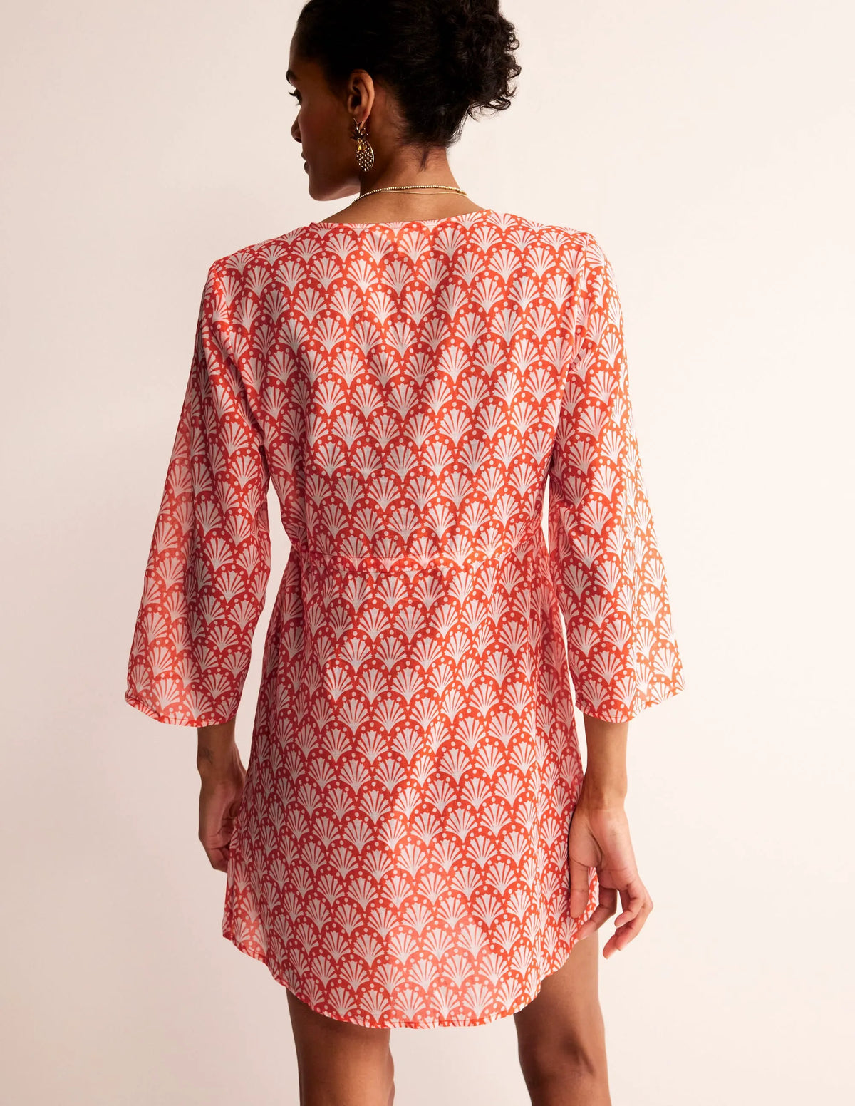 Cotton Beach Short Kaftan-Mandarin Orange, Shells
