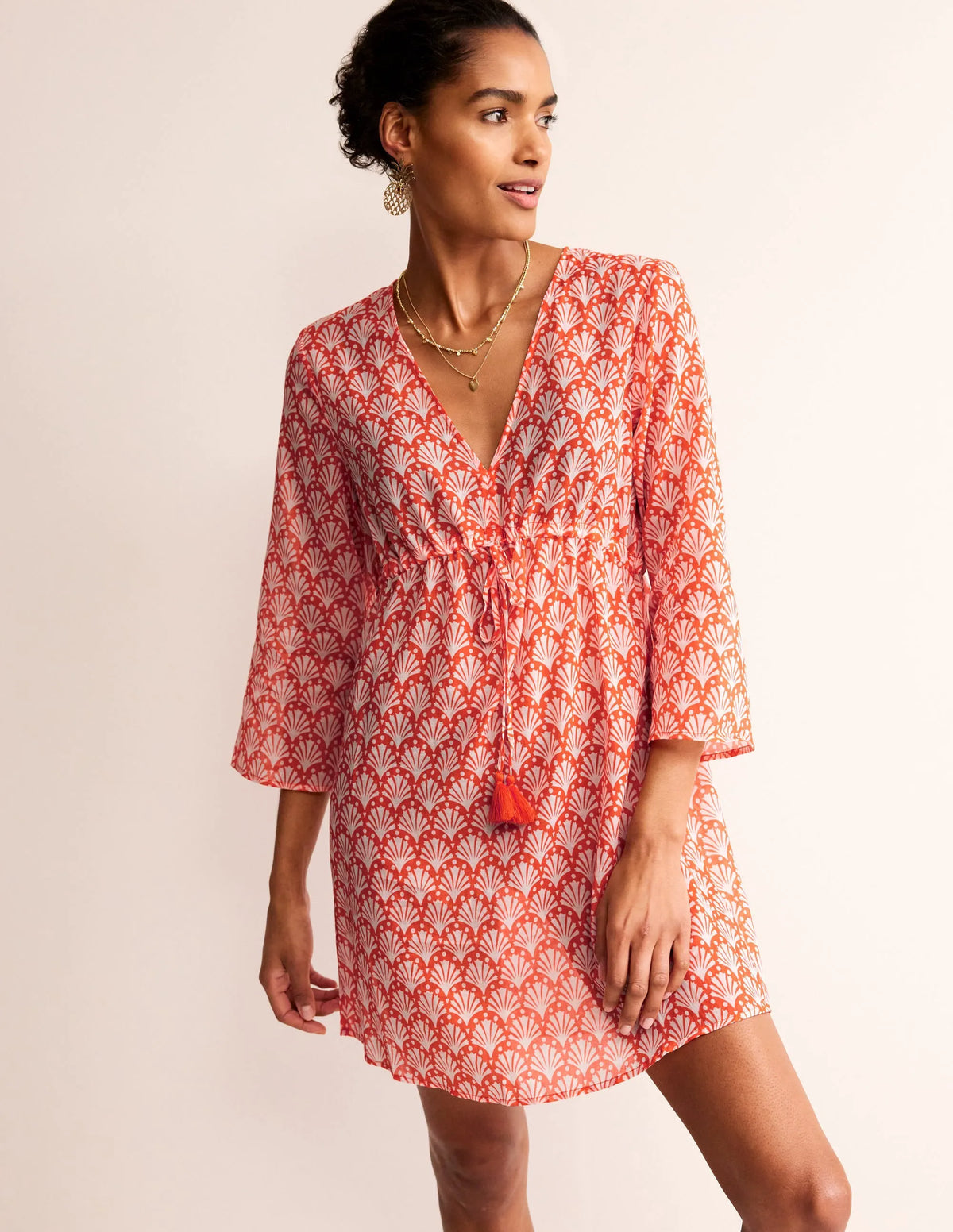 Cotton Beach Short Kaftan-Mandarin Orange, Shells