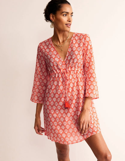 Cotton Beach Short Kaftan-Mandarin Orange, Shells