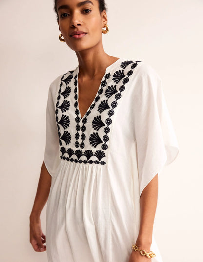Embroidered V-Neck Kaftan-Ivory