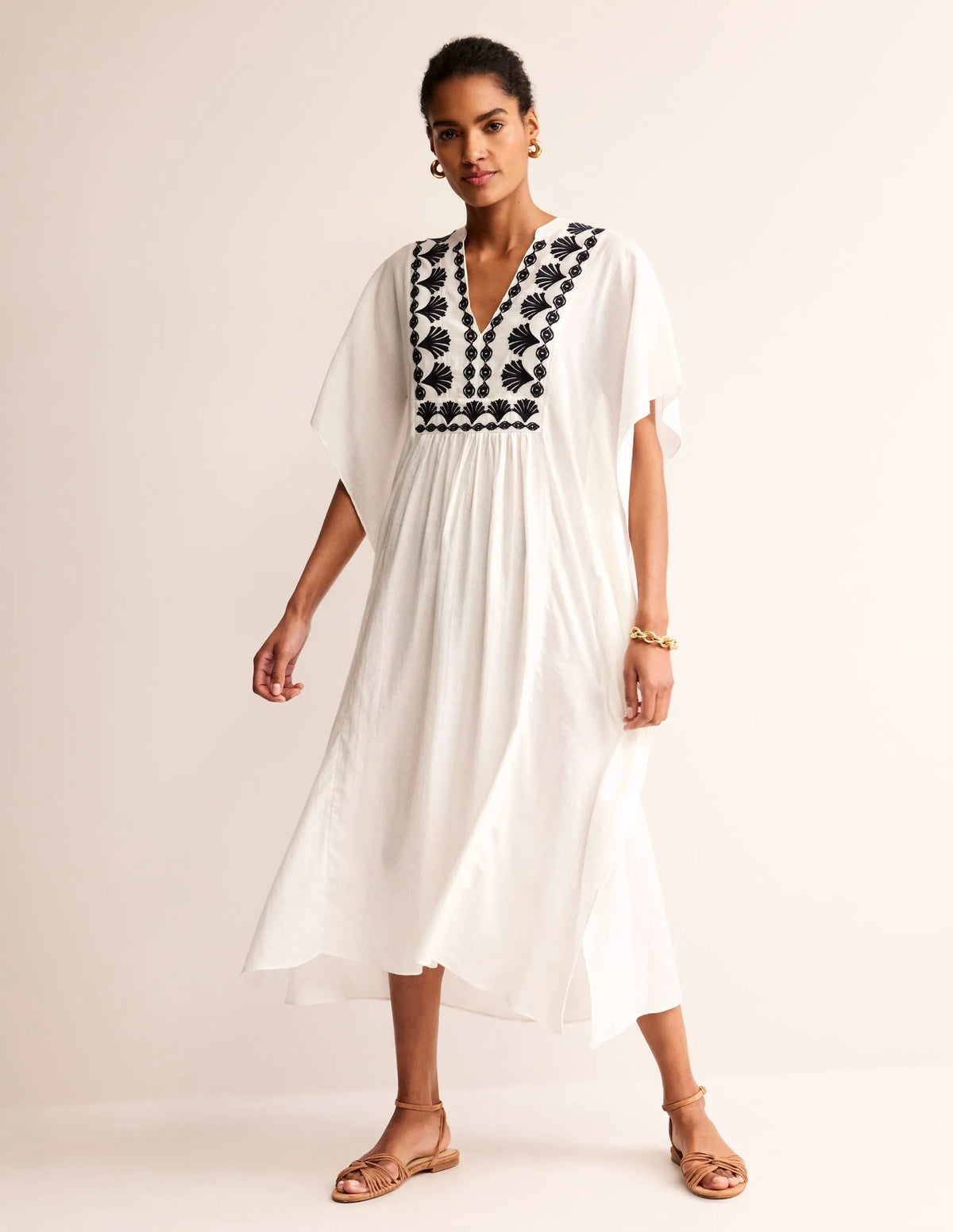 Embroidered V-Neck Kaftan-Ivory