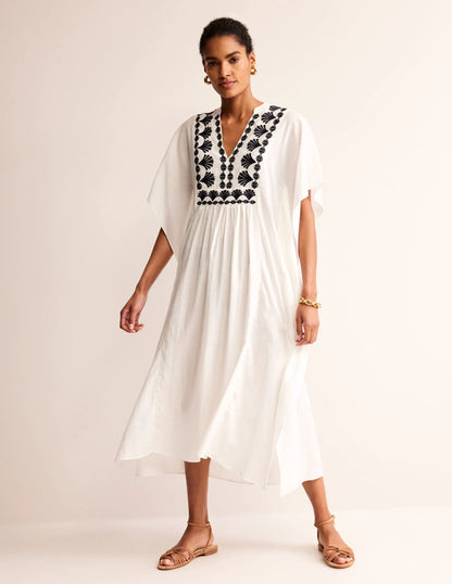 Embroidered V-Neck Kaftan-Ivory
