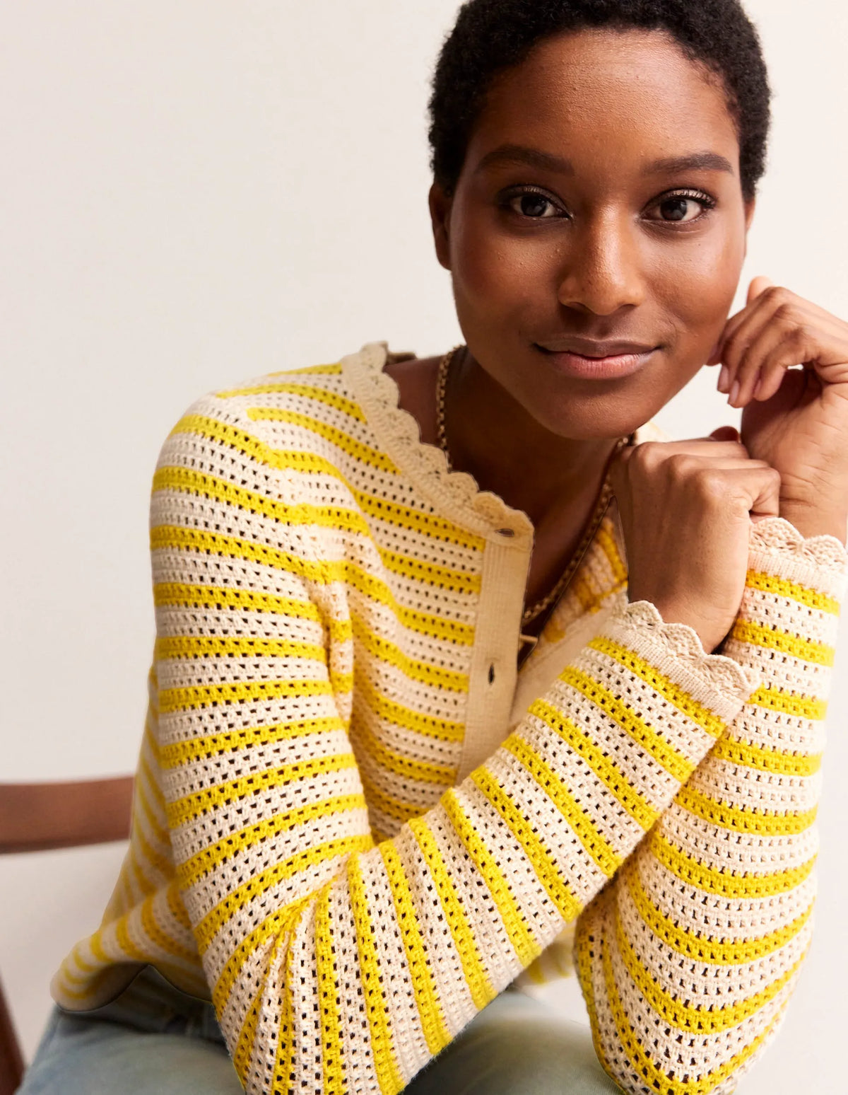Textured Scallop Cardigan-Ivory/ Mimosa Yellow