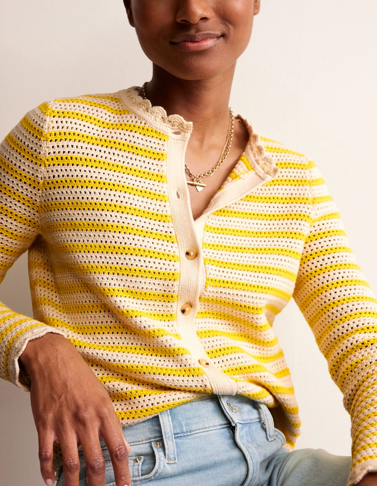 Textured Scallop Cardigan-Ivory/ Mimosa Yellow
