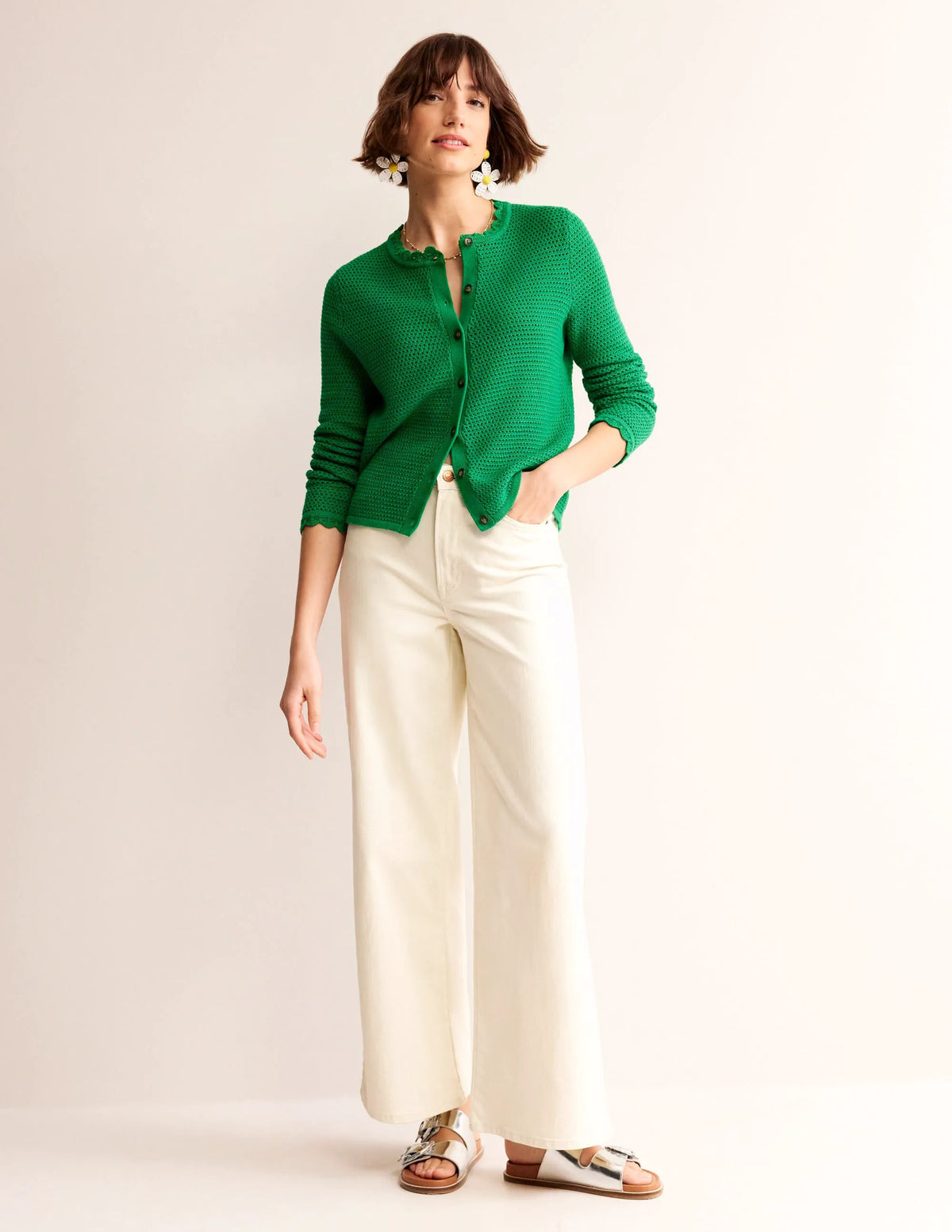 Textured Scallop Cardigan-Rich Emerald
