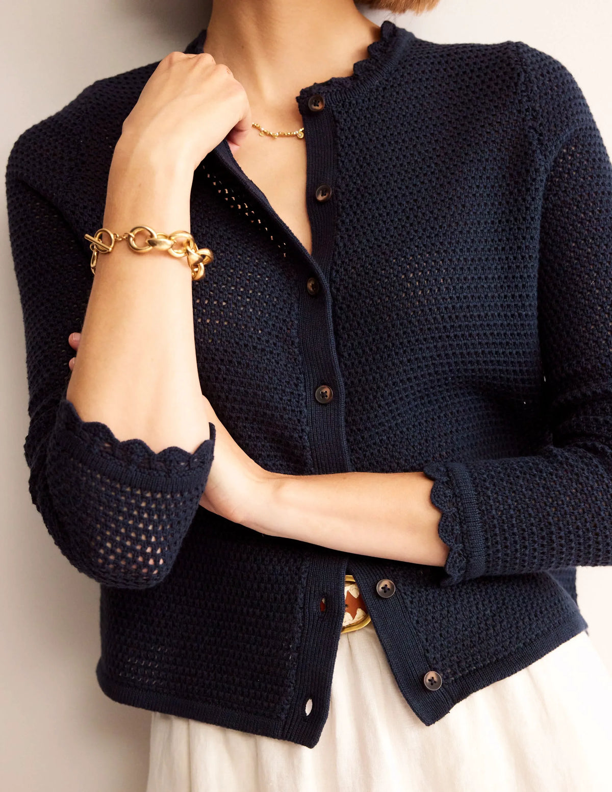 Textured Scallop Cardigan-Navy