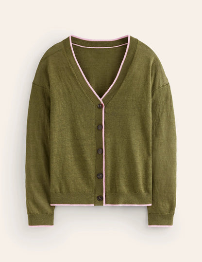 Maggie V-Neck Linen Cardigan-Spruce Green