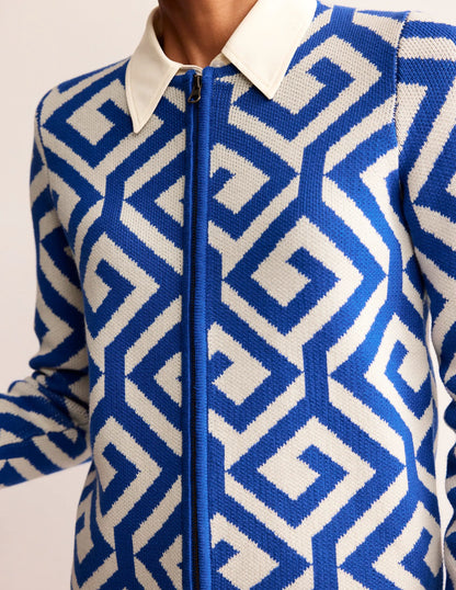 Jacquard Zip Up Cardigan-Mariner Blue, Maze