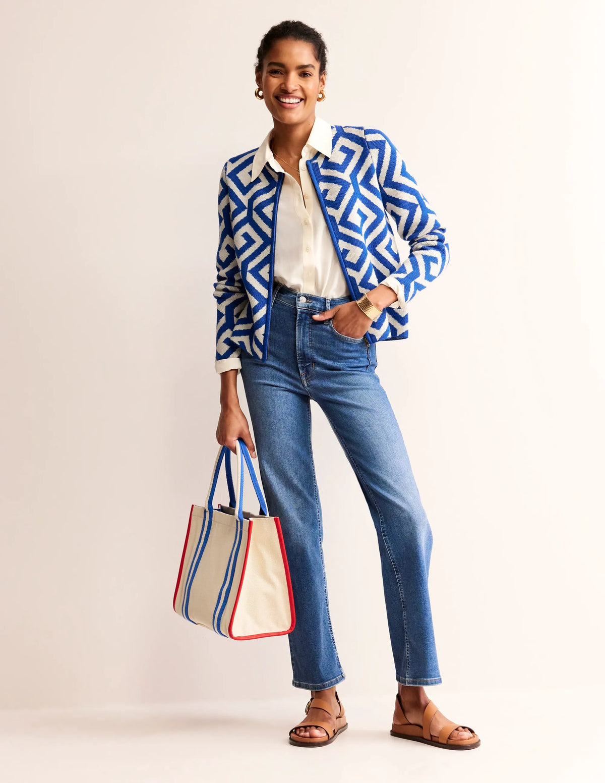 Jacquard Zip Up Cardigan-Mariner Blue, Maze