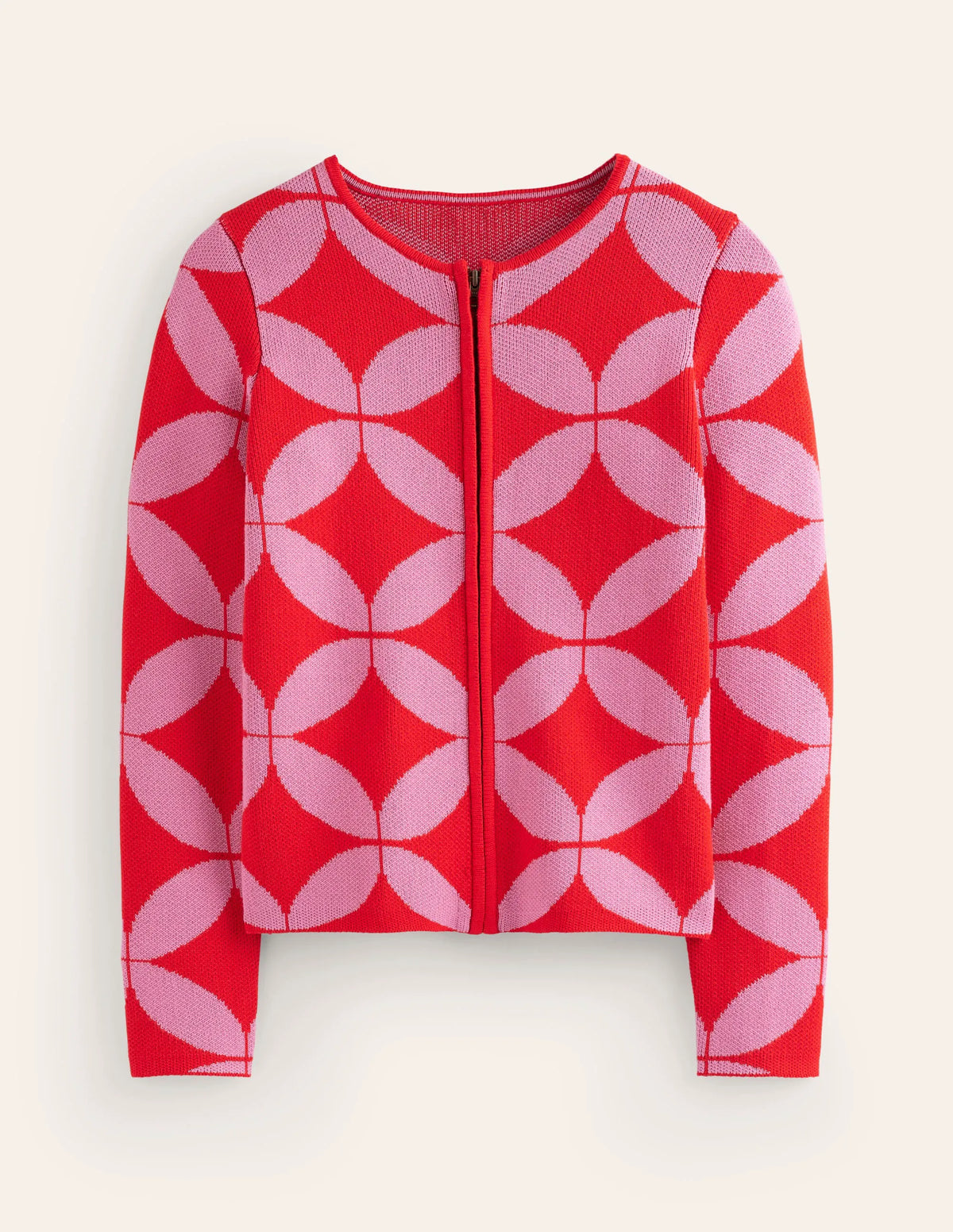 Jacquard Zip Up Cardigan-Ruby Red, Diamond Terrace