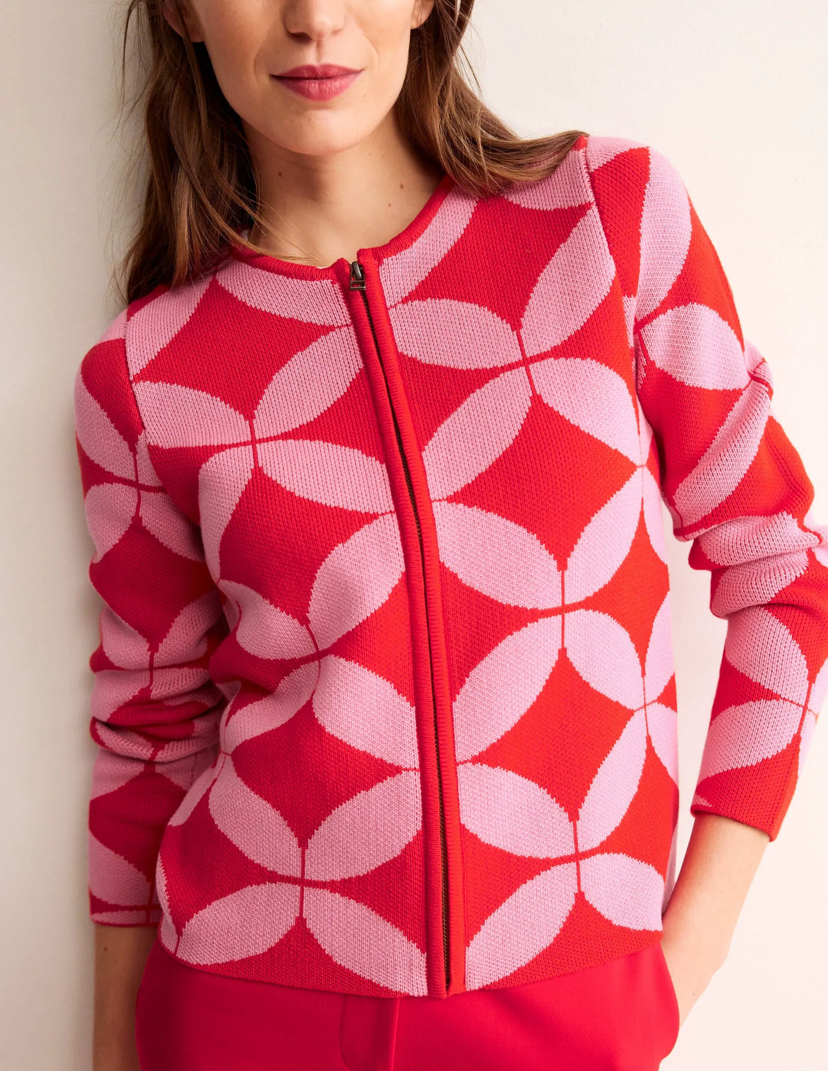 Jacquard Zip Up Cardigan-Ruby Red, Diamond Terrace
