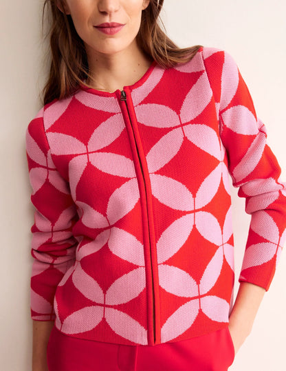 Jacquard Zip Up Cardigan-Ruby Red, Diamond Terrace